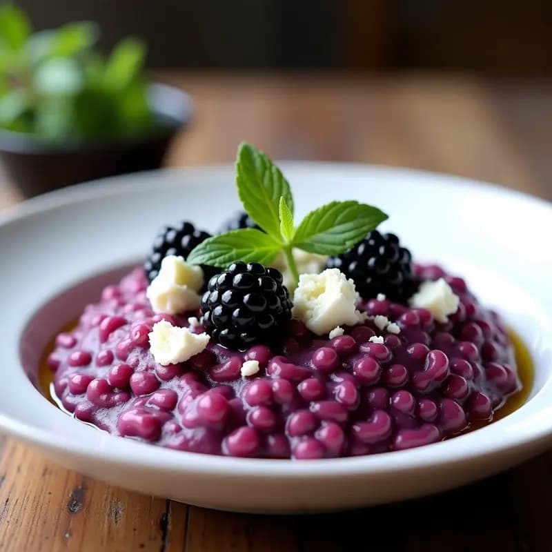 Plato hondo blanco con risotto de color morado intenso, salpicado de arándanos negros y queso de cabra desmenuzado, decorado con hojas de menta fresca.