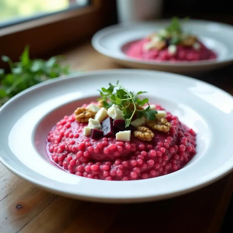 Plato hondo blanco con risotto cremoso de color rosa intenso, trozos de remolacha visible, queso Cabrales desmenuzado y nueces picadas por encima. Receta de risotto de remolacha y queso Cabrales en olla rápida.