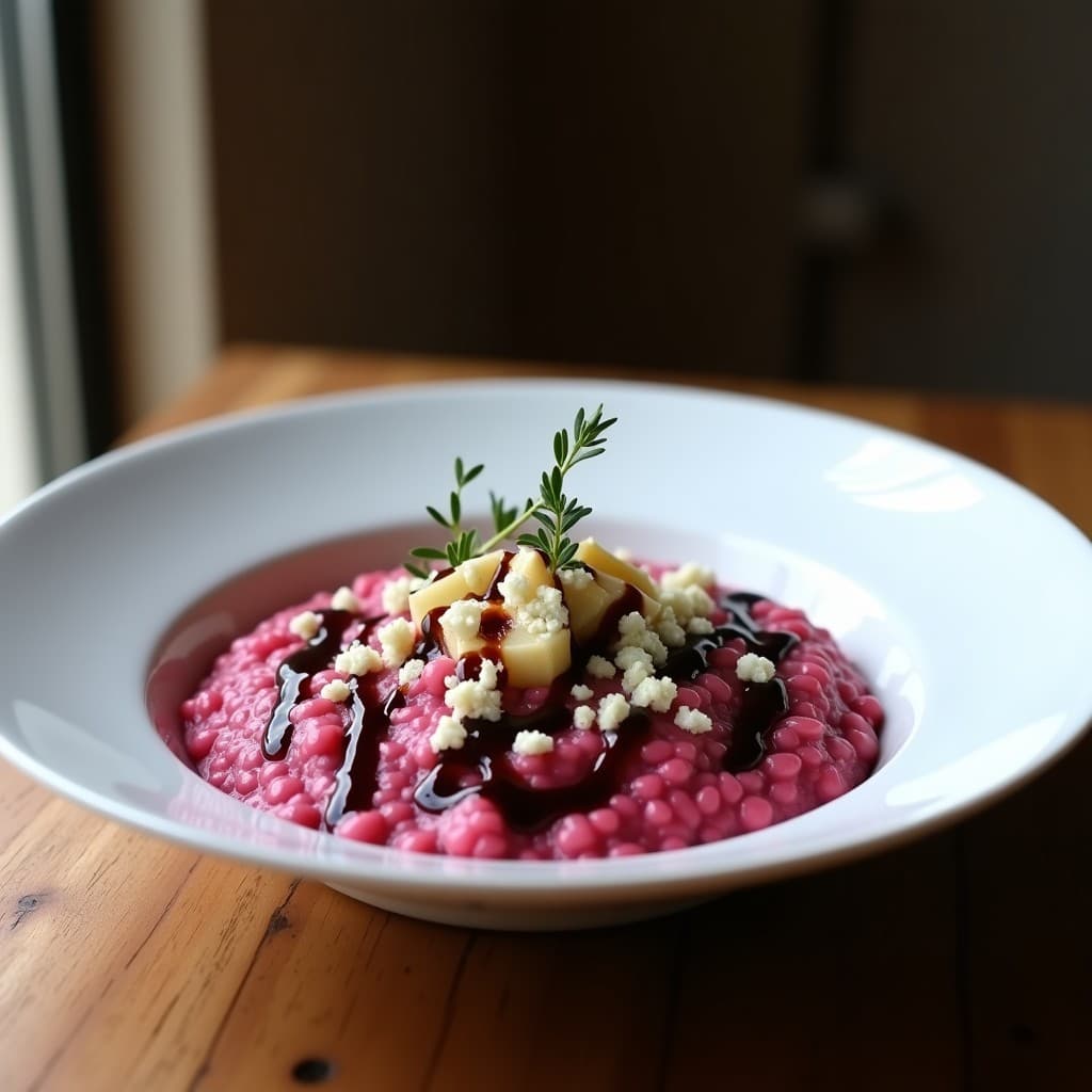 Plato hondo de cerámica blanca con risotto cremoso de color rosado intenso, salpicado de trozos de remolacha morada y queso Cabral desmenuzado. Un hilo dorado de reducción de vinagre balsámico decora el centro. Fondos difuminados de cocina rústica con tomillo fresco.