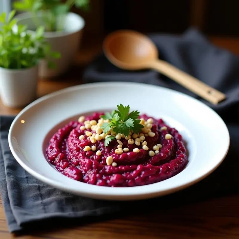 Plato hondo de cerámica blanca con risotto de remolacha y curry, color morado intenso, decorado con cilantro fresco y nueces de cajú tostadas, servido con cuchara de madera.