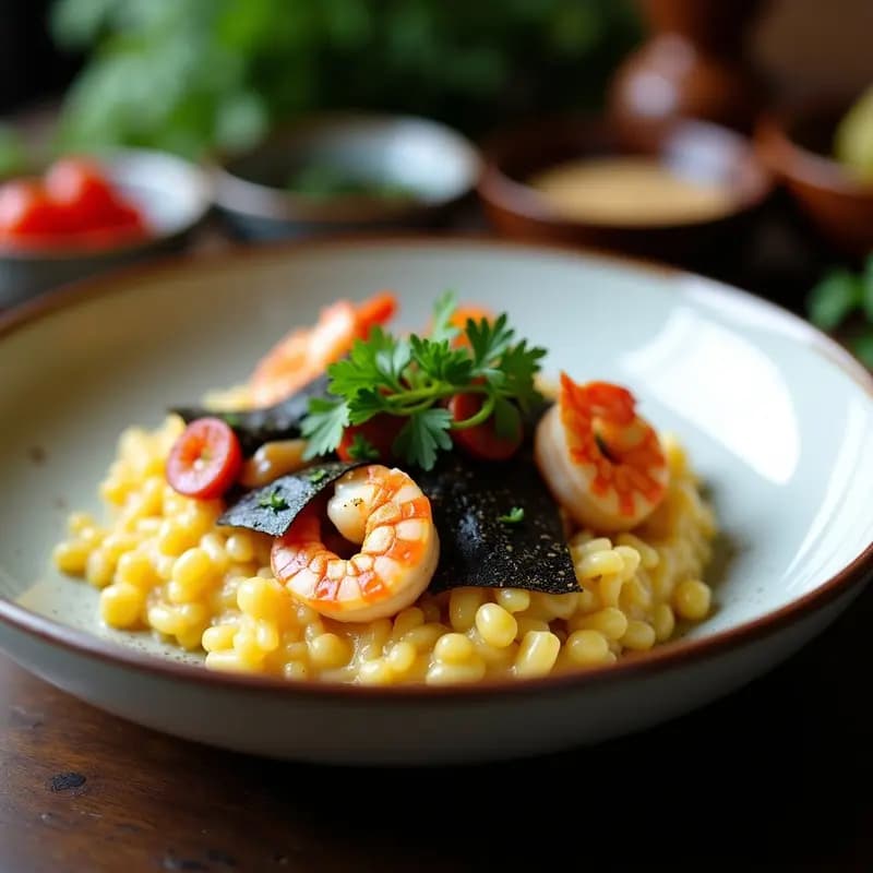 Plato hondo de cerámica blanca con risotto cremoso de color dorado, trozos de zafarrancho y algas nori tostadas en tiras, decorado con perejil fresco. Receta de risotto de zafarrancho con algas nori en Thermomix.