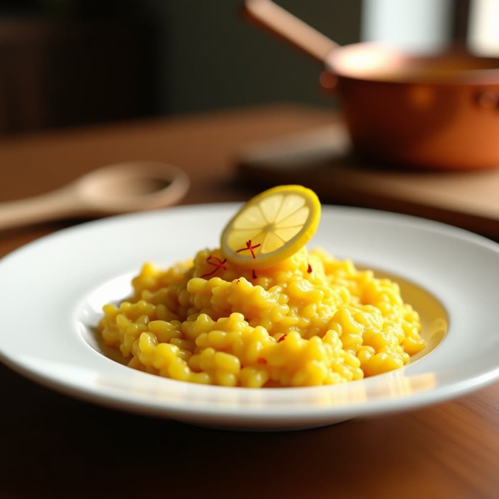 Plato blanco con risotto de zafarráncho de color amarillo dorado, textura cremosa y brillante, decorado con hebras de azafrán y una rodaja de limón. Fondo borroso con utensilios de cocina.