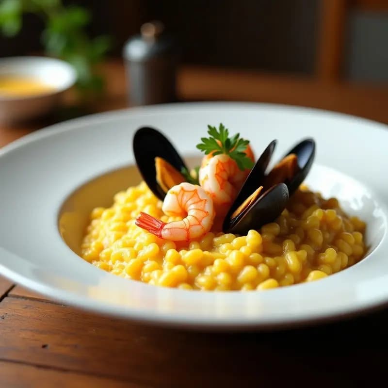 Plato hondo blanco con risotto de zafarrancho cremoso, gambas rosadas y mejillones abiertos, decorado con perejil fresco y hebras de azafrán, receta thermomix.