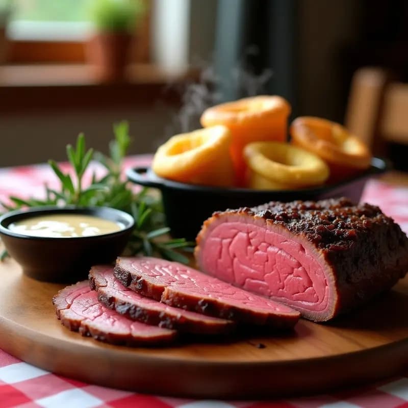 Plato tradicional inglés con rodajas jugosas de Roast Beef, Yorkshire puddings dorados y esponjosos, y salsa de rábano picante en un cuenco aparte, sobre una mesa rústica de madera.