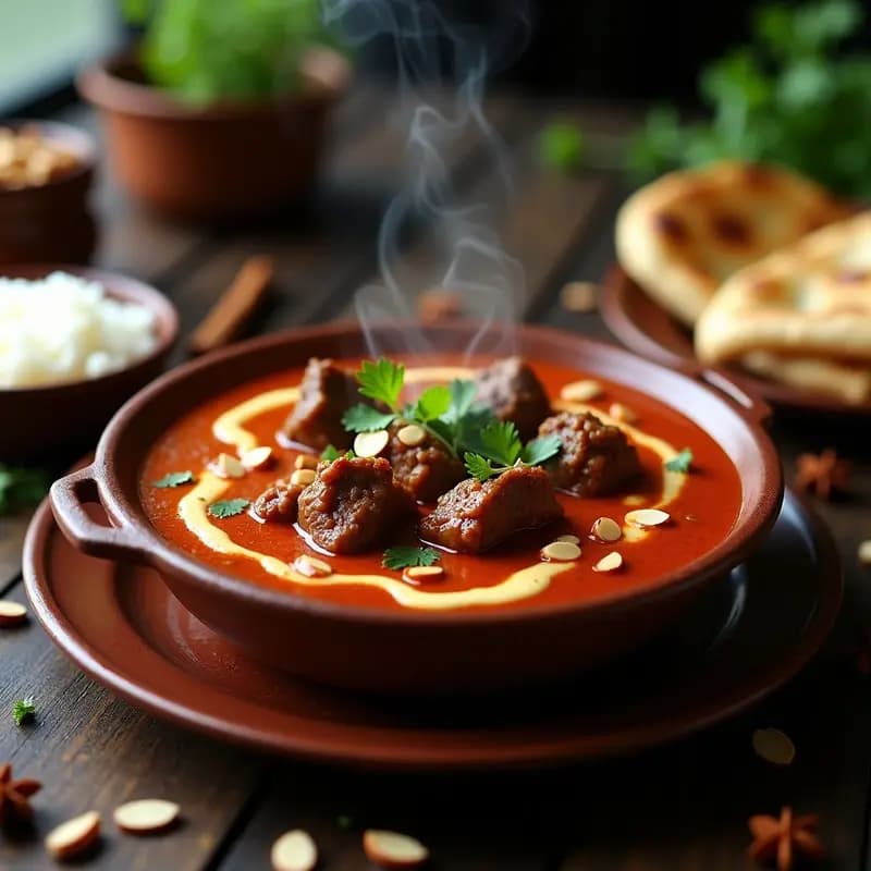 Olla de barro con Roganjosh Cachemira: cordero tierno en salsa espesa de yogur rojo intenso, decorado con almendras tostadas y cilantro fresco, servido junto a naan dorado y arroz basmati.