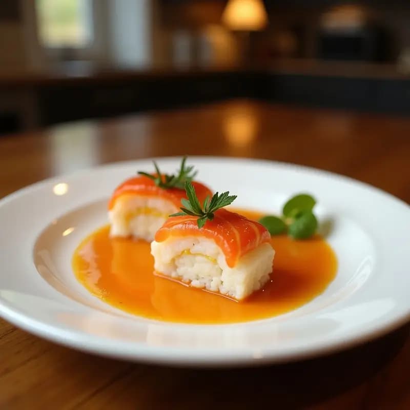 Plato blanco con rolling sushi de queso crema y salmón ahumado para niños, cortado en porciones circulares con semillas de sésamo espolvoreadas, acompañado de salsa de soja en un recipiente pequeño y decorado con rodajas de limón.