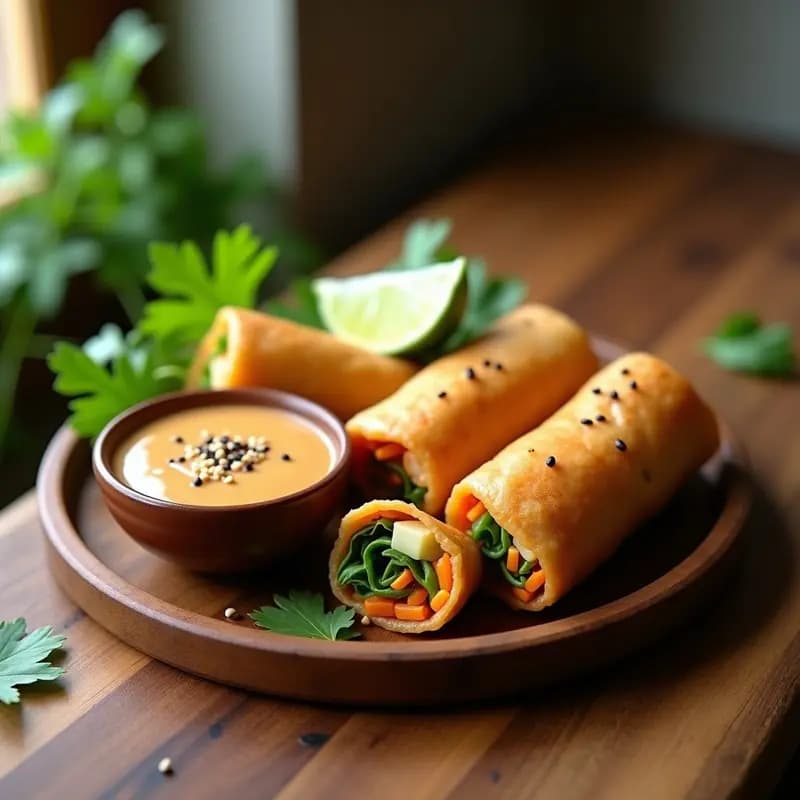 Rollitos de primavera veganos dorados y crujientes en una fuente de madera, acompañados de un bol pequeño con salsa de cacahuete cremosa, semillas de sésamo y hojas de cilantro fresco. Receta china en airfryer.