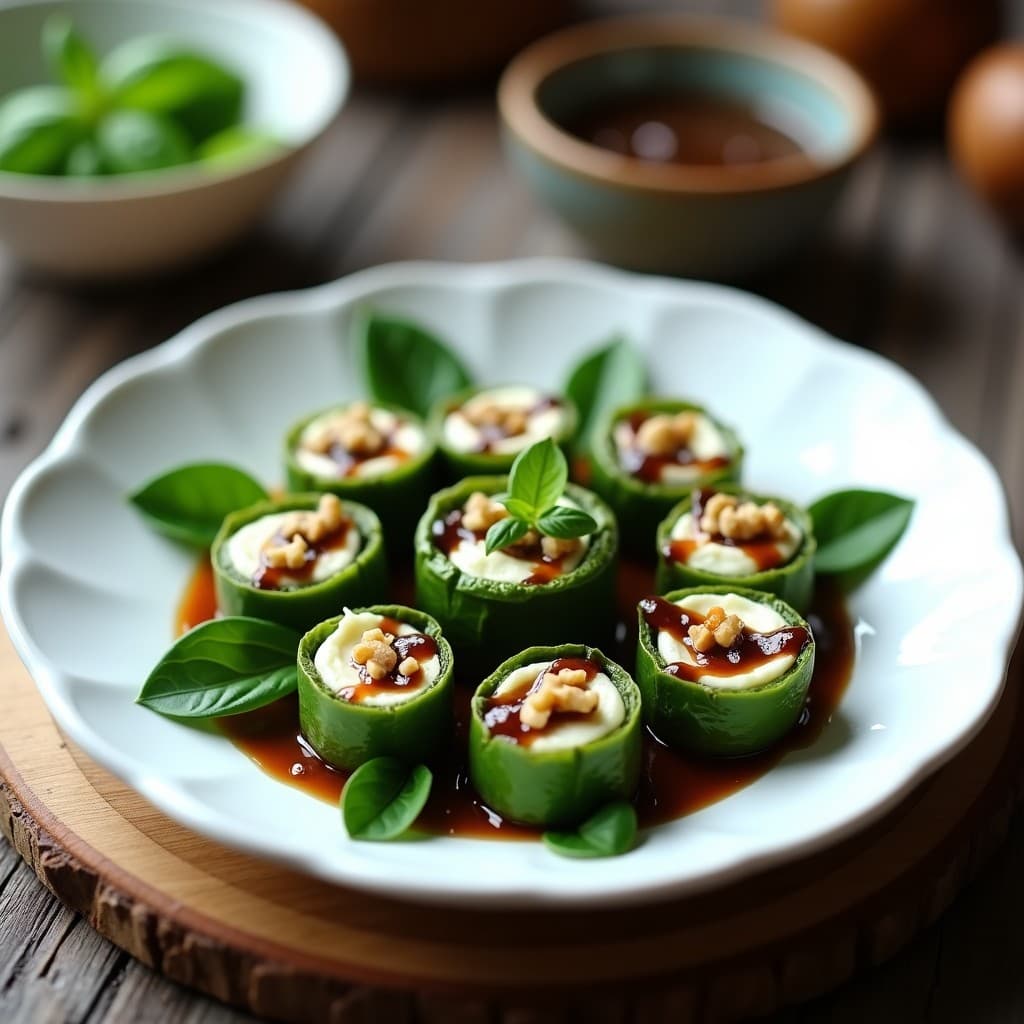 Plato blanco de cerámica con rollitos de albahaca fresca rellenos de queso de cabaña cremoso, acompañados de vinagreta de higos oscura y nueces picadas. Presentación elegante de entrante italiano sin gluten.