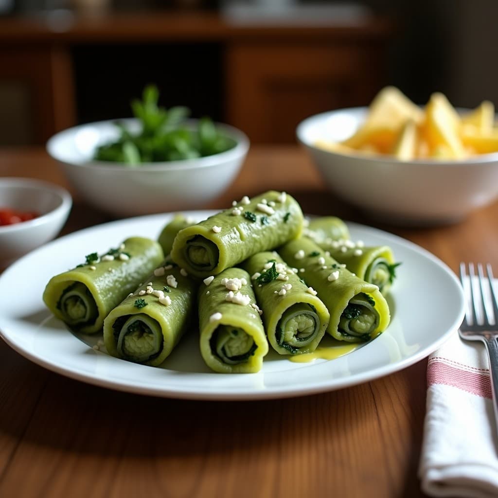 Rollitos dorados de alga espirulina rellenos de queso de cúrcuma, cortados en porciones y servidos en un plato blanco con semillas de sésamo. Entrante vegano rico en hierro y antioxidantes.