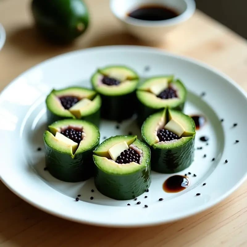 Rollitos de alga nori cortados en porciones, rellenos de aguacate cremoso, zarzamoras frescas y arroz de sushi, decorados con semillas de sésamo y hojas de menta sobre una bandeja de madera. Receta japonesa vegana y sin gluten para entrantes.
