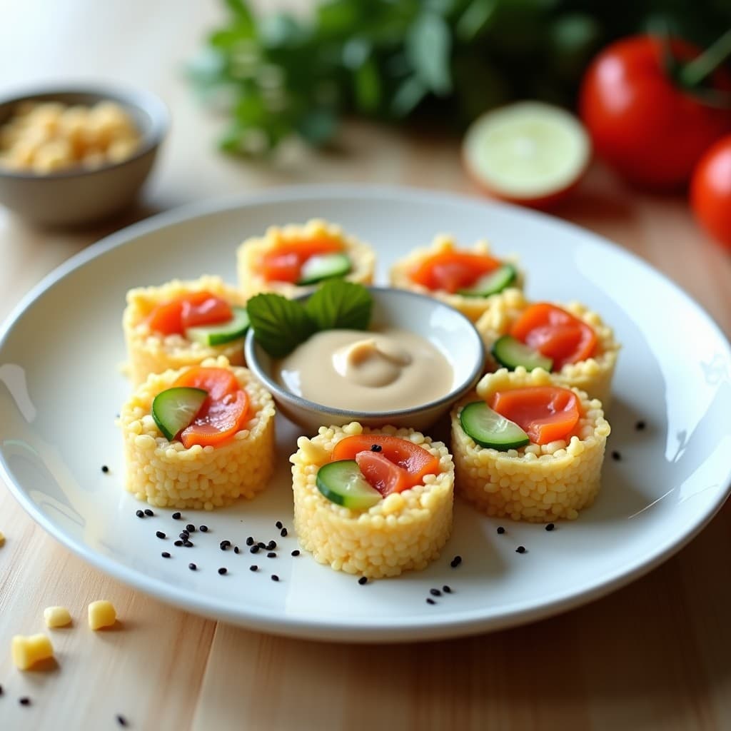Rollitos de alga nori rellenos de arroz de coliflor, salmón ahumado y aguacate, cortados en porciones y servidos en plato negro con salsa de soja y semillas de sésamo, receta japonesa keto en 15 minutos.
