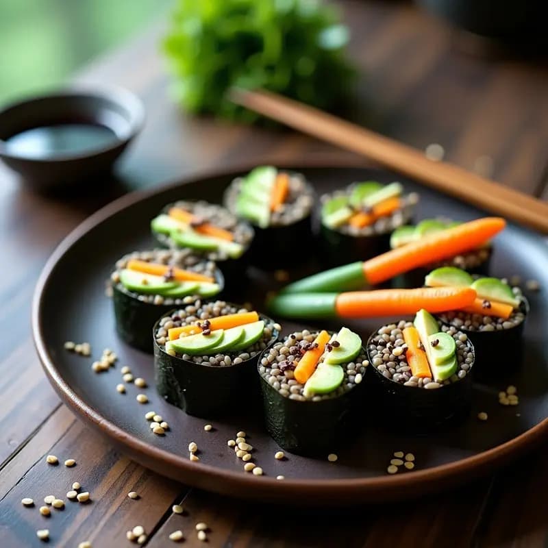 Rollitos de alga nori rellenos de arroz salvaje, aguacate, zanahoria y pepino, con toques de trufa negra y semillas de sésamo, servidos en una fuente de madera oscura con salsa de soja al lado.