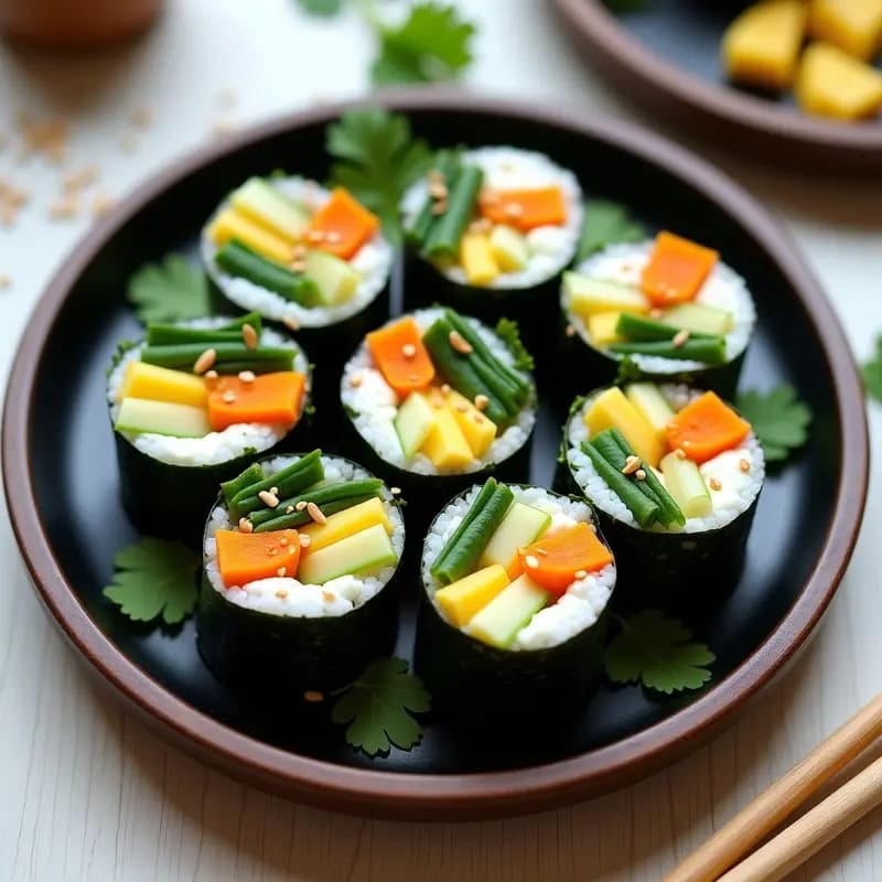 Rollitos de alga nori cortados en porciones, rellenos de tiras de mango verde, pepino, zanahoria y queso crema de anacardos, servidos en un plato de madera con semillas de sésamo espolvoreadas y un hilo de miel de agave.