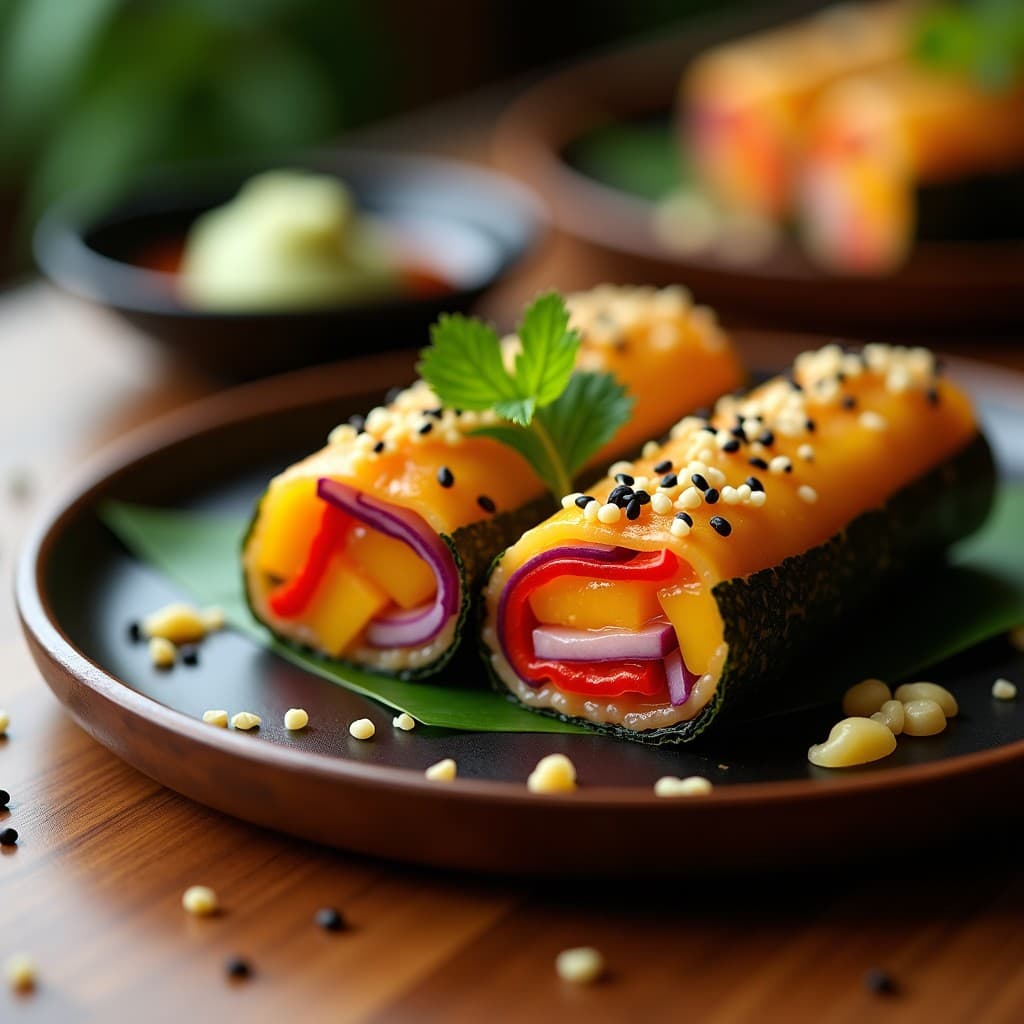 Rollitos de algas wakame y mango maduro cortados por la mitad, mostrando su relleno colorido de tiras de mango amarillo, pepino verde, zanahoria naranja y cebolla morada, cubiertos de semillas de sésamo tostadas, sobre un plato de madera con salsa de soja al lado.