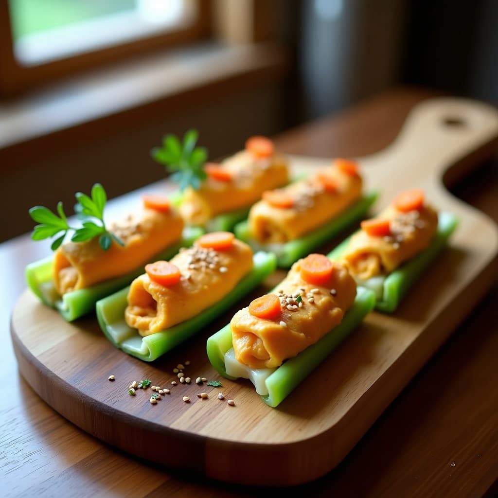 Rollitos de apio frescos rellenos de hummus cremoso de habas y zanahoria asada, espolvoreados con semillas de sésamo tostadas y perejil picado, servidos en una bandeja de madera con fondo borroso.