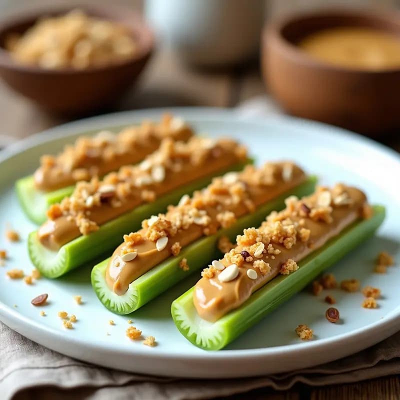 Rollitos de apio frescos rellenos de mantequilla de cacahuete cremosa y cubiertos con granola de quinoa dorada y crujiente, servidos en un plato blanco sobre fondo rústico. Desayuno keto, crunchy y saludable.