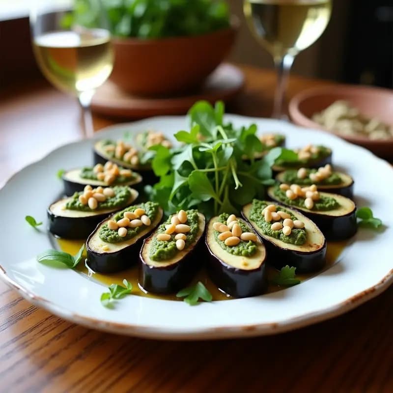 Rollitos de berenjena asada rellenos de pesto de rúcula y piñones, servidos en bandeja blanca con decoración de hojas de rúcula y piñones tostados, receta italiana sin cocinar.