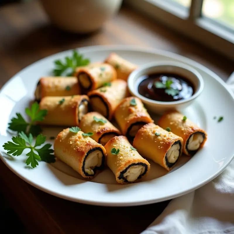Rollitos de berenjena dorados y crujientes rellenos de bacalao, servidos en un plato blanco con salsa de ajo negro cremosa y perejil fresco. Receta española en airfryer.