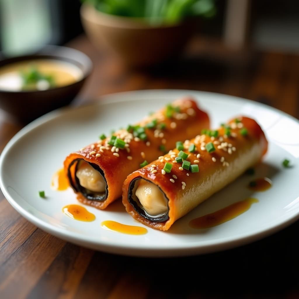 Rollitos de berenjena dorados y crujientes rellenos de crema de cacahuete y miso, servidos en un plato de cerámica negra con semillas de sésamo y cebollino picado, receta de entrante japonés vegano en airfryer.