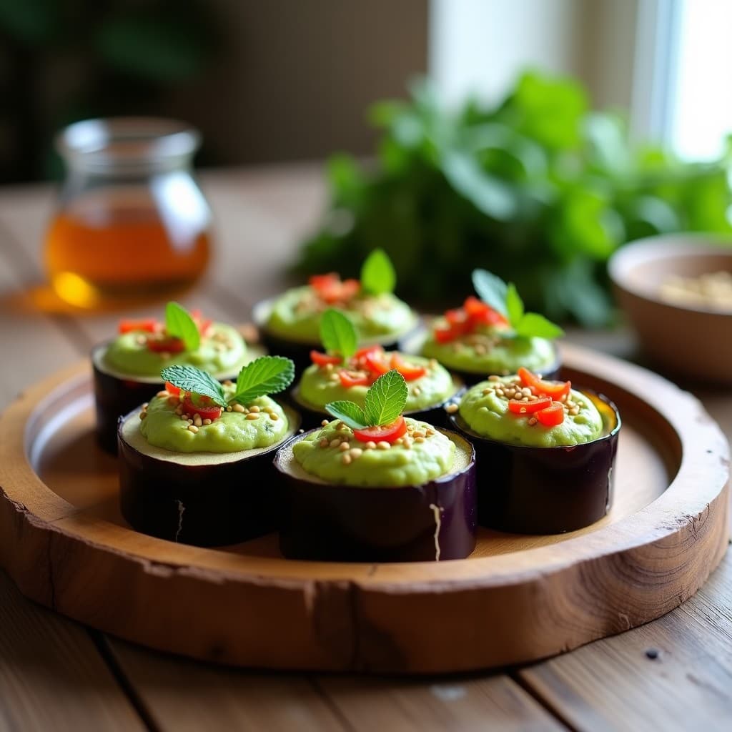 Bandeja de madera con rollitos de berenjena con hummus de edamame y semillas de sésamo tostadas, decorados con hojas de menta fresca y tiras de pimiento rojo. Aperitivo crudivegano elegante y colorido.
