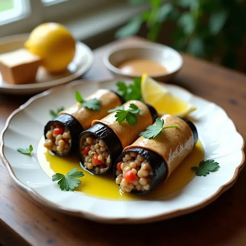 Rollitos de berenjena keto rellenos de lentejas rojas y tahini, servidos en plato blanco con perejil fresco y rodajas de limón, receta libanesa baja en carbohidratos.