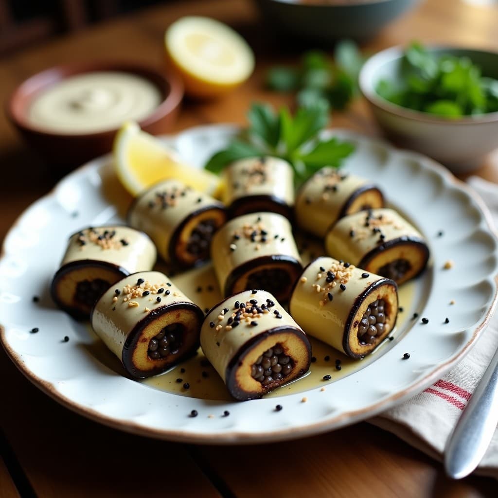 Rollitos de berenjena rellenos de lentillas beluga y tahini con crujiente de sésamo negro y blanco, servidos en bandeja de cerámica blanca con hilo de tahini y perejil fresco. Plato vegano al horno con textura crujiente y cremosa.