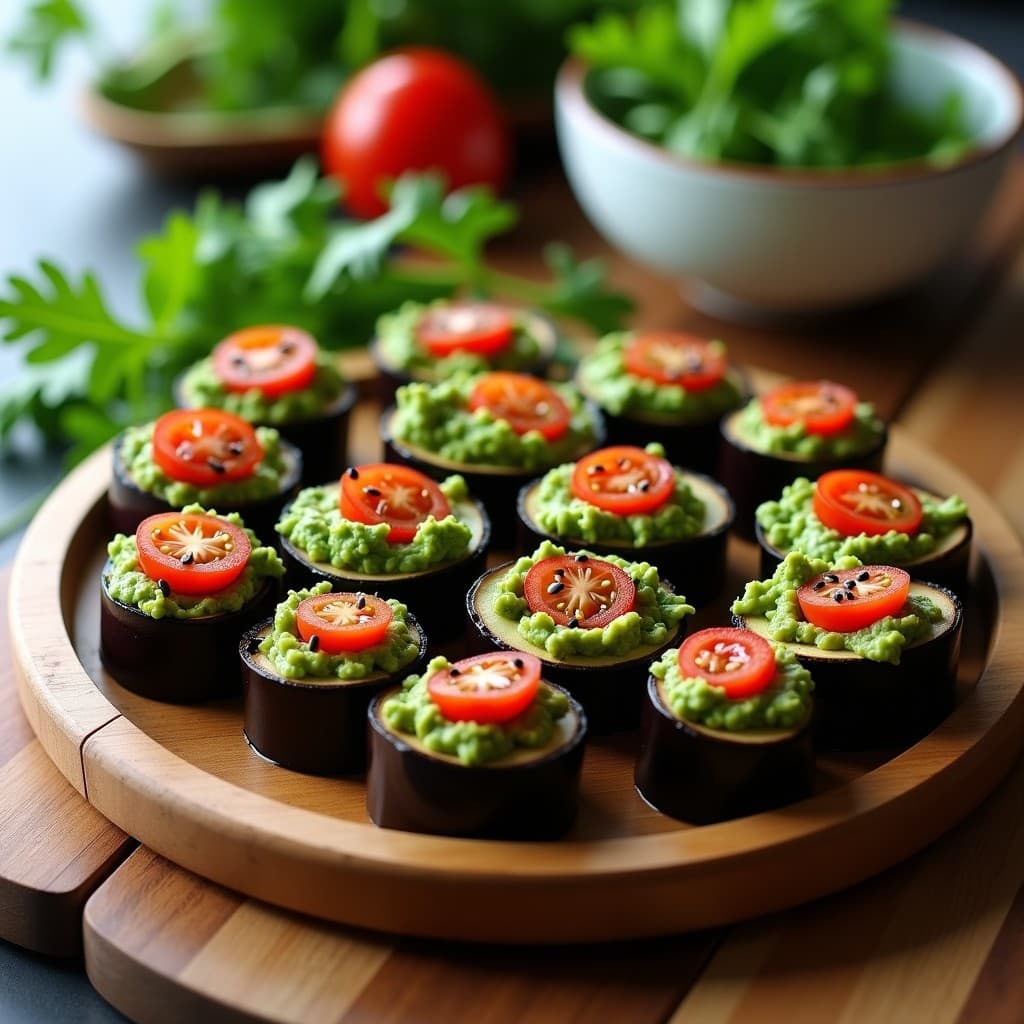 Rollitos de berenjena fresca en láminas finas rellenos de pesto cremoso de arugula, decorados con tomates cherry y semillas de sésamo negro sobre una bandeja de madera rústica. Aperitivo crudivegano sin cocción.