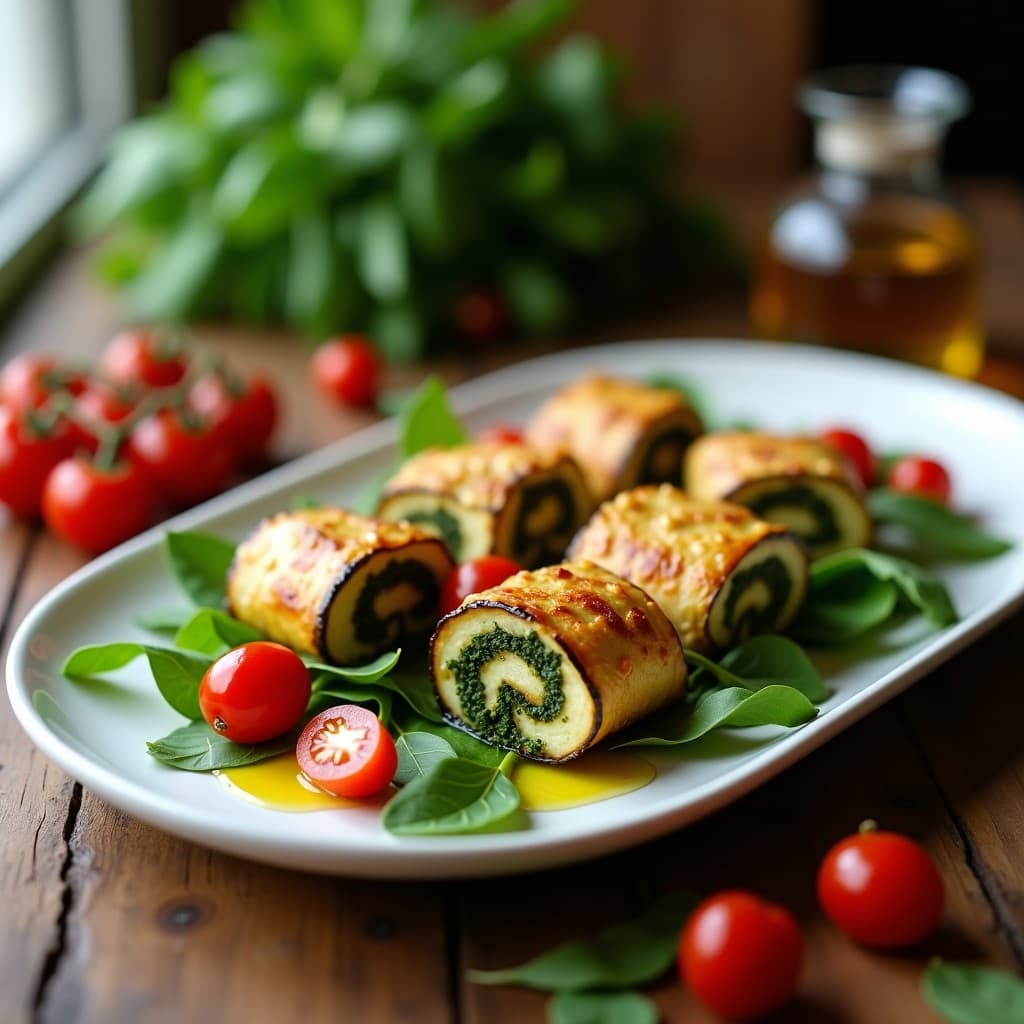 Rollitos de berenjena rellenos de pesto de espinaca y piñones, dorados al horno, servidos sobre un lecho de rúcula y acompañados de tomates cherry. Plato vegano italiano elegante y colorido.