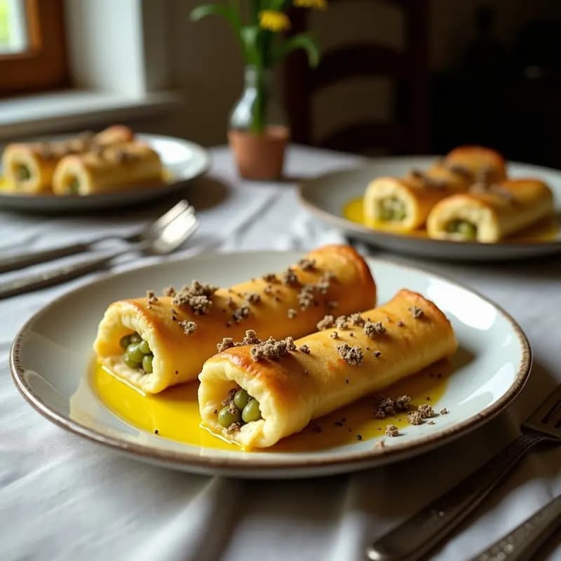 Bandeja de horno con rollitos de berenjena dorados al horno, rellenos de queso de cabra cremoso y pistachos picados, decorados con tomillo fresco y un chorrito de miel, entrante mediterráneo crujiente.