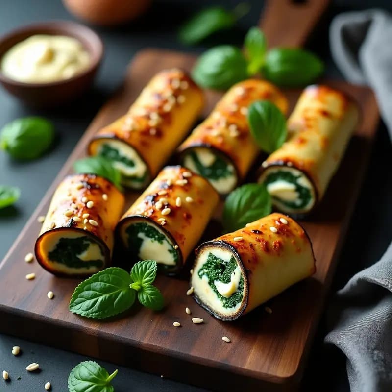 Rollitos de berenjena asada rellenos de queso de caju cremoso y espinacas frescas, decorados con semillas de sésamo y hojas de menta, servidos en tabla de madera oscura con fondo difuminado. Receta vegana sin cocción, aperitivo saludable y visual.