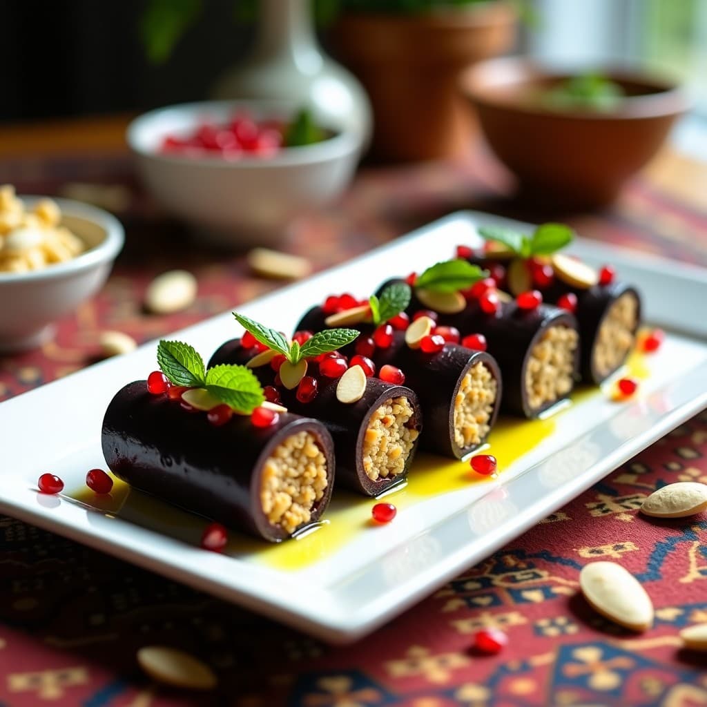 Rollitos de Berenjena con Relleno de Quinoa y Granadas: Entrante Persa Crudivegano