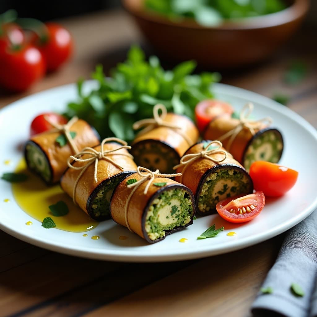 Rollitos de berenjena dorados y crujientes rellenos de quinoa y pesto de rúcula, servidos en plato blanco con tomates cherry y un hilo de aceite de oliva, receta en airfryer sin gluten.