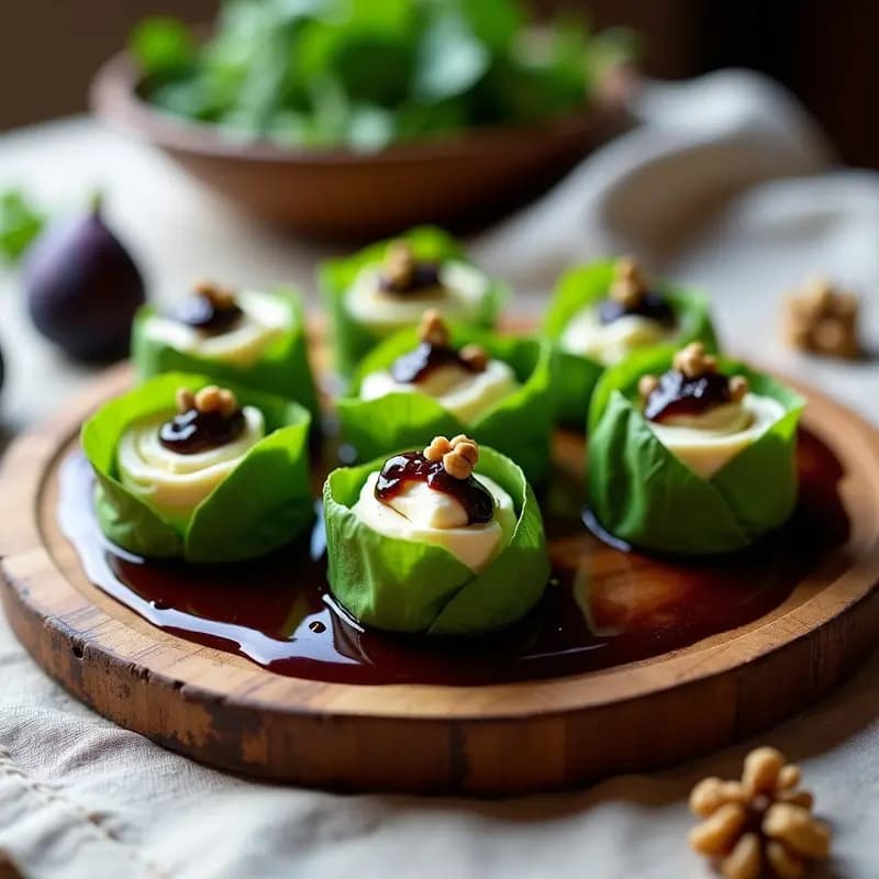 Plato blanco con rollitos de berros verdes rellenos de queso de cabra blanco y nueces, bañados en salsa de higos negros oscura, servidos como entrante portugués elegante.