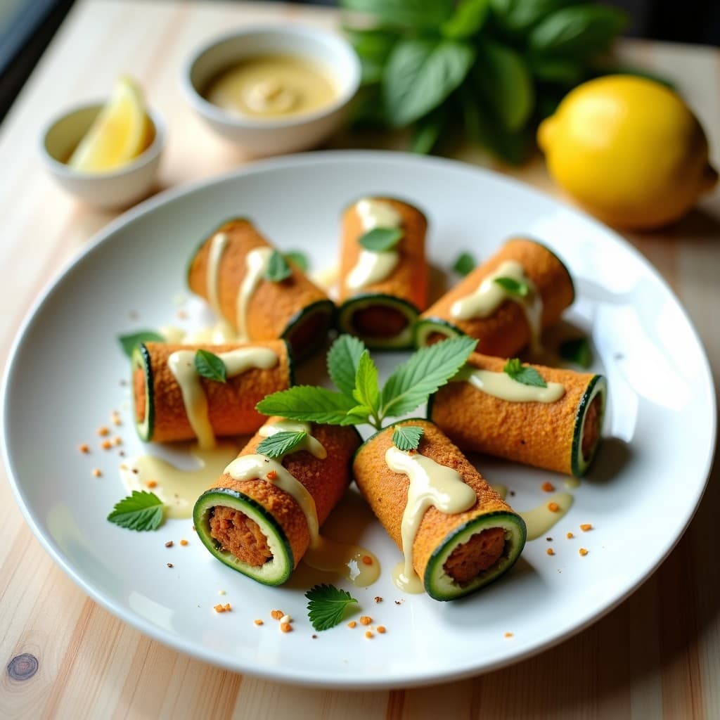 Rollitos de calabacín rellenos de falafel dorado y tahini, servidos en plato blanco con salsa cremosa y semillas de sésamo, receta vegana y baja en calorías.