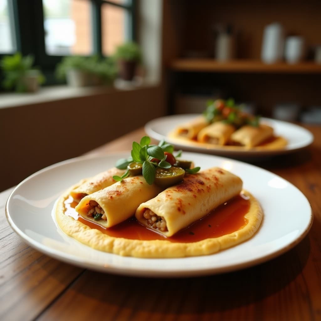 Bandeja de madera con rollitos de calabacín rellenos de hummus cremoso y tiras de pimientos asados rojos, decorados con semillas de sésamo, perejil fresco y un hilo de aceite de oliva virgen extra. Aperitivo mediterráneo sin gluten sobre fondo rústico.