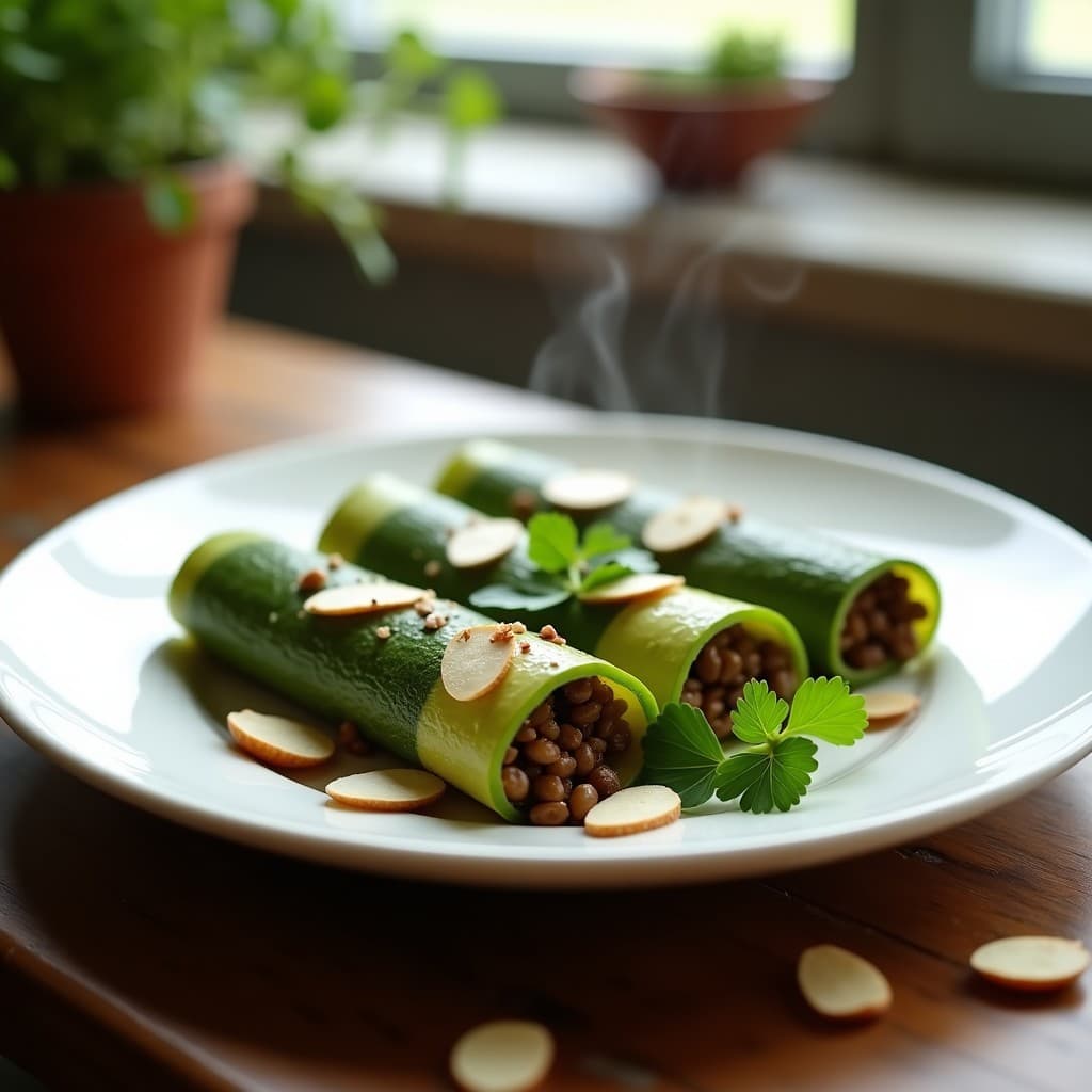 Rollitos de calabacín verde brillante rellenos de una mezcla de lentejas pardinas y arroz silvestre, servidos en una vaporera de bambú con almendras fileteadas tostadas por encima. Plato vegano al vapor con textura crujiente y suave.