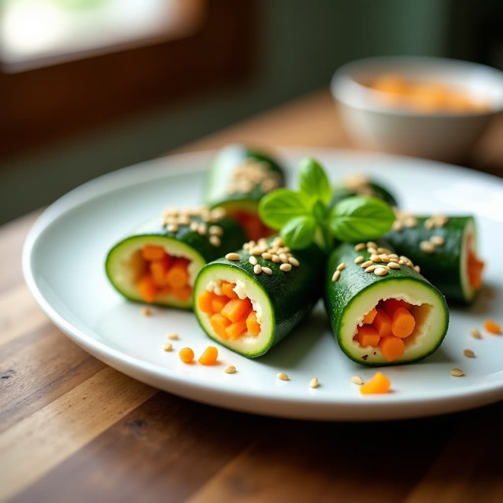 Rollitos de calabacín crudo rellenos de una mezcla cremosa de queso de cacahuete y zanahoria rallada, espolvoreados con semillas de sésamo y decorados con hojas de menta fresca sobre un plato blanco. Receta crudivegana y crujiente.