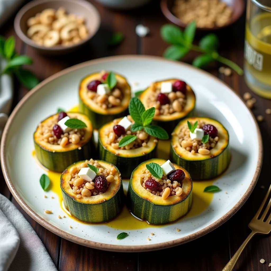 Rollitos de calabacín verde rellenos de quinoa y arándanos secos, servidos en bandeja de madera con decoración de perejil fresco y hilo de aceite de oliva. Entrante sin gluten y antioxidante.