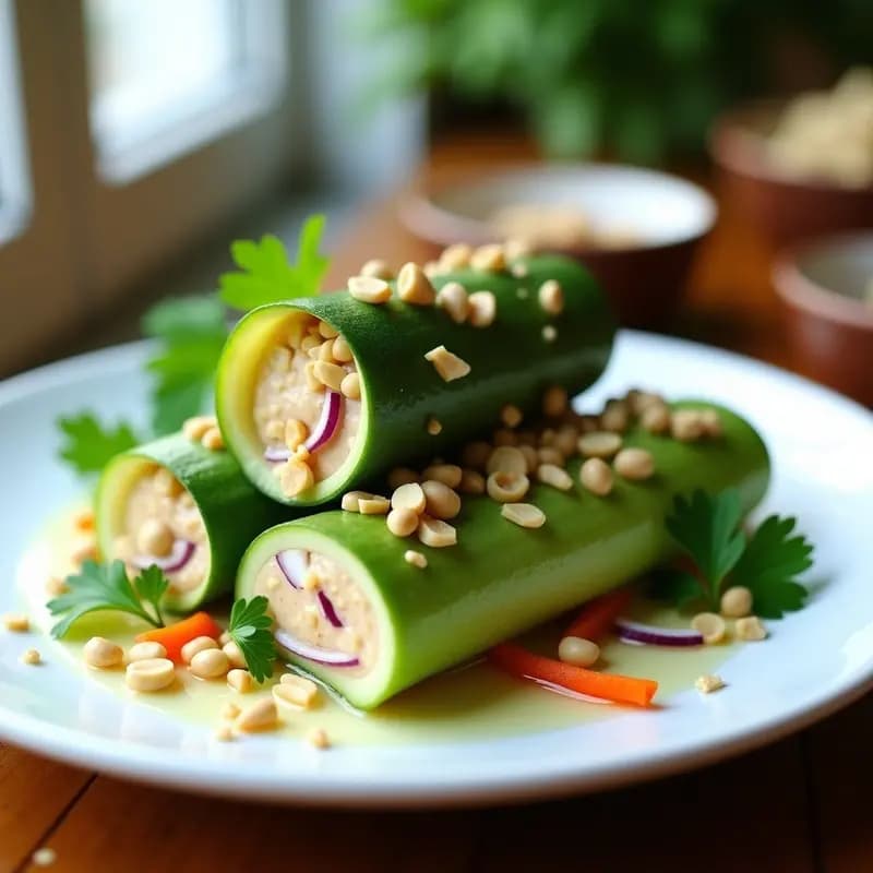 Rollitos de calabacín rellenos de tofu de seda y cacahuetes, servidos en una fuente blanca con salsa oscura y decorados con cilantro fresco. Entrante crudivegano con toque tailandés.