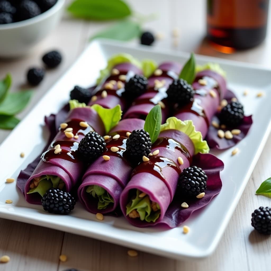 Plato blanco con rollitos de col china rellenos de zarzamoras y tofu, bañados en salsa de vinagre balsámico brillante, decorados con semillas de sésamo negras y hojas de menta fresca. Aperitivo vegano sin horno con texturas crujientes y colores vibrantes.