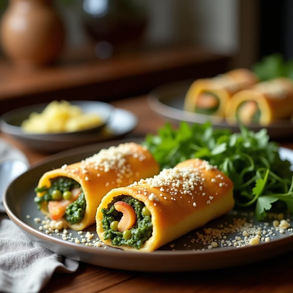 Rollitos de primavera de col morada rellenos de zarzamora y queso feta, servidos en bandeja de madera con hojas de menta y un chorrito de aceite de oliva, receta crujiente y antioxidante.