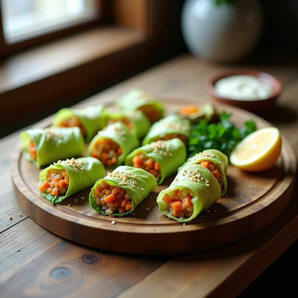 Rollitos de col verde rellenos de arroz salvaje, zanahoria rallada y semillas de sésamo, servidos en una bandeja de madera con hierbas frescas y limón. Receta crudivegana sin cocción.