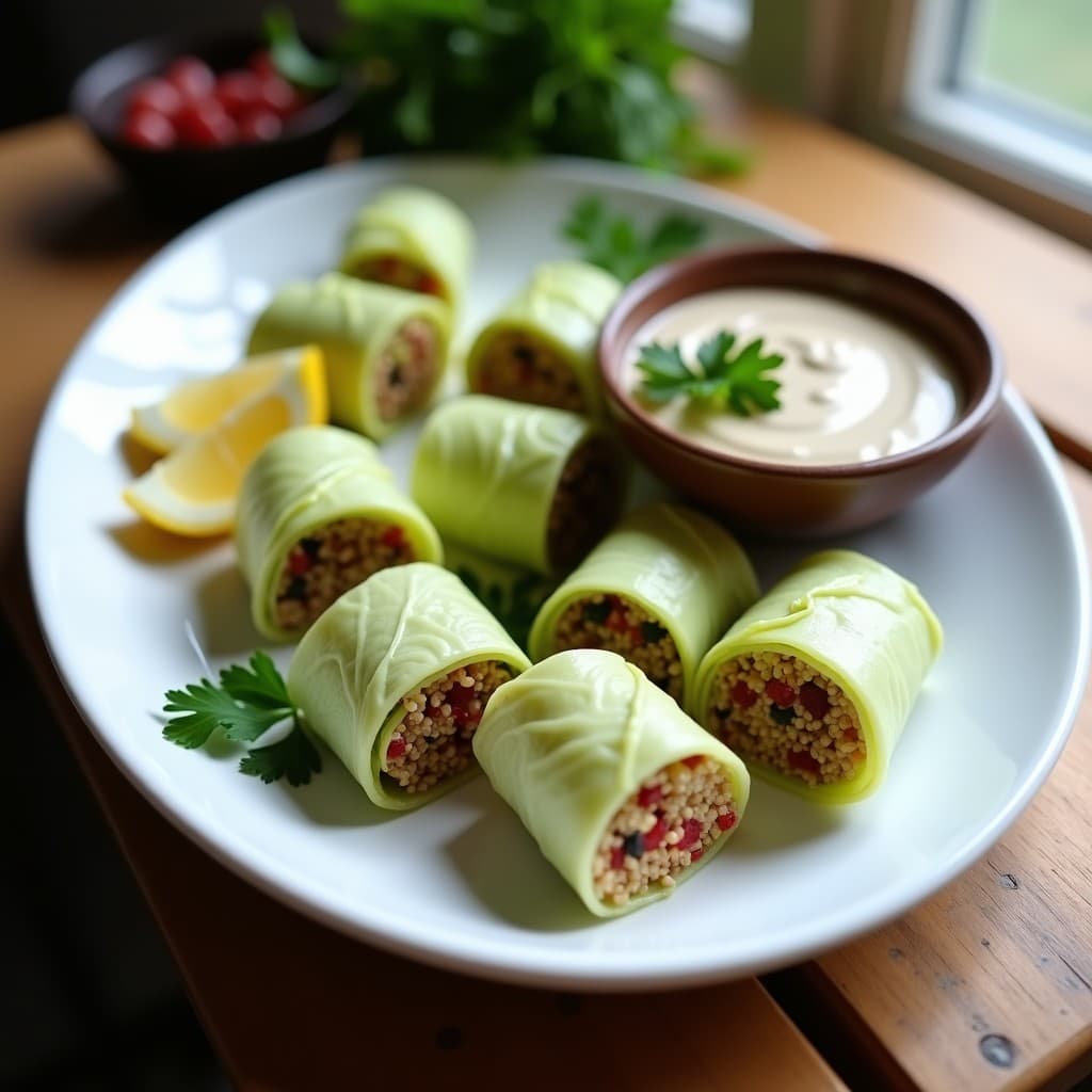 Plato blanco ovalado con seis rollitos de col rellena con quinoa y arándanos rojos, cortados por la mitad para mostrar el relleno colorido. Acompañados de una salsa cremosa de tahini y decorados con hojas de perejil fresco y rodajas de limón. Receta crudivegana sin cocción.