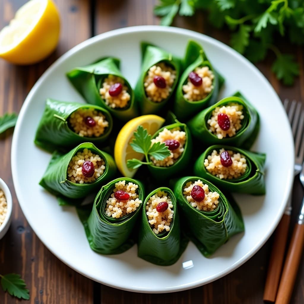 Plato blanco con rollitos de col rizada rellenos de quinoa y arándanos, dispuestos en círculo y decorados con perejil fresco y rodajas de limón. Receta antiinflamatoria y vegana.