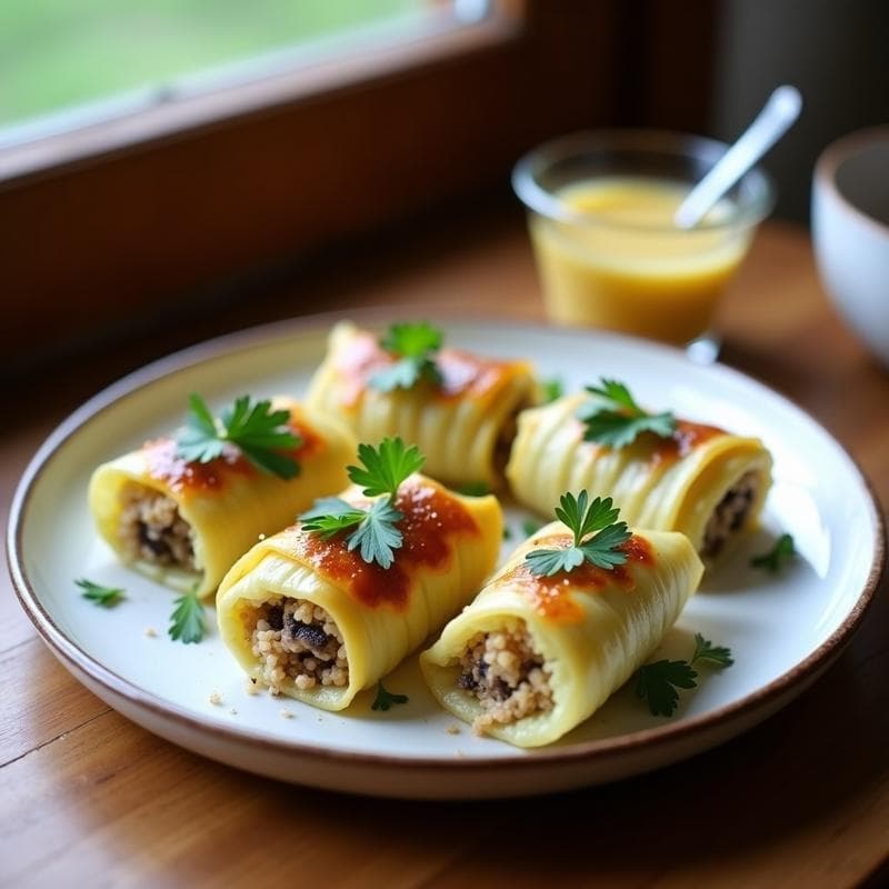 Rollitos de col blanca rellenos de quinoa y hongos portobello, servidos en un plato blanco con salsa de mostaza y miel, acompañados de perejil fresco. Receta alemana vegana alta en proteína.