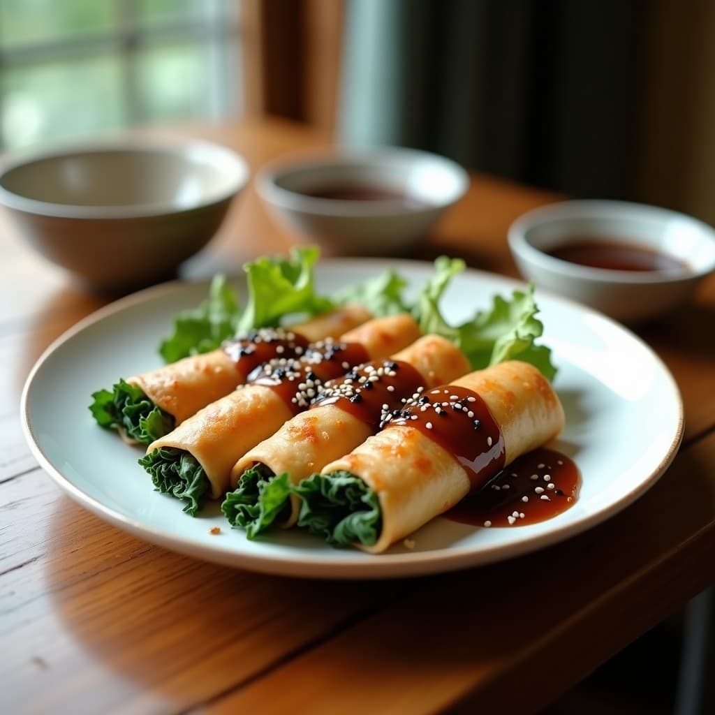 Rollitos de col rizada y gamberas dorados en airfryer, servidos en un plato blanco con salsa de miso y semillas de sésamo negro. Receta japonesa crujiente y saludable.