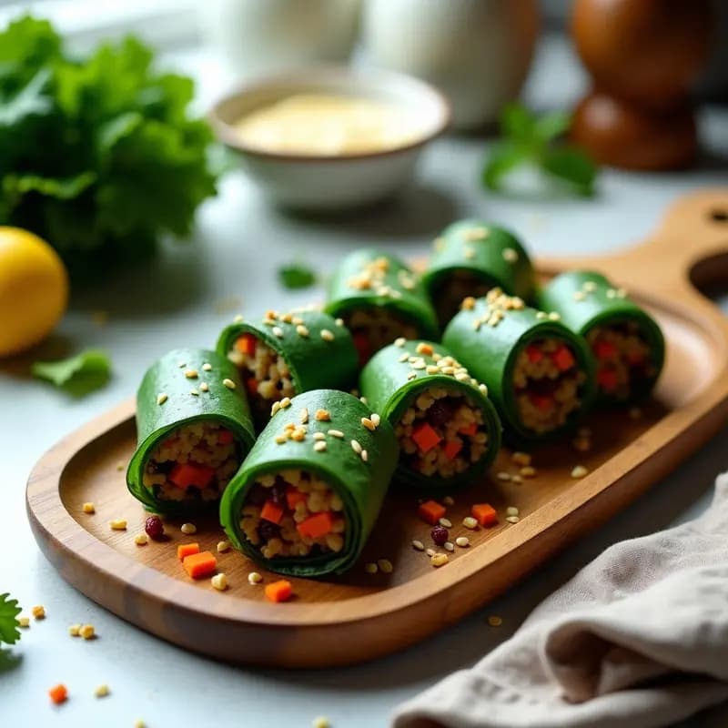 Rollitos de col rizada fresca rellenos de quinoa, arándanos secos y zanahoria rallada, dispuestos en una bandeja de madera con semillas de sésamo espolvoreadas por encima. Aperitivo vegano sin cocción, colorido y saludable.