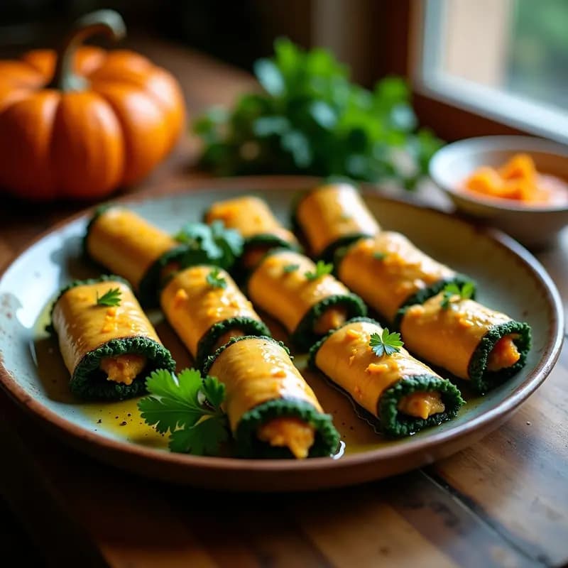 Bandeja de horno con rollitos de col rizada rellenos de quinoa y puré de calabaza, dorados y crujientes, servidos con un poco de puré de calabaza al lado. Receta sin gluten al horno.