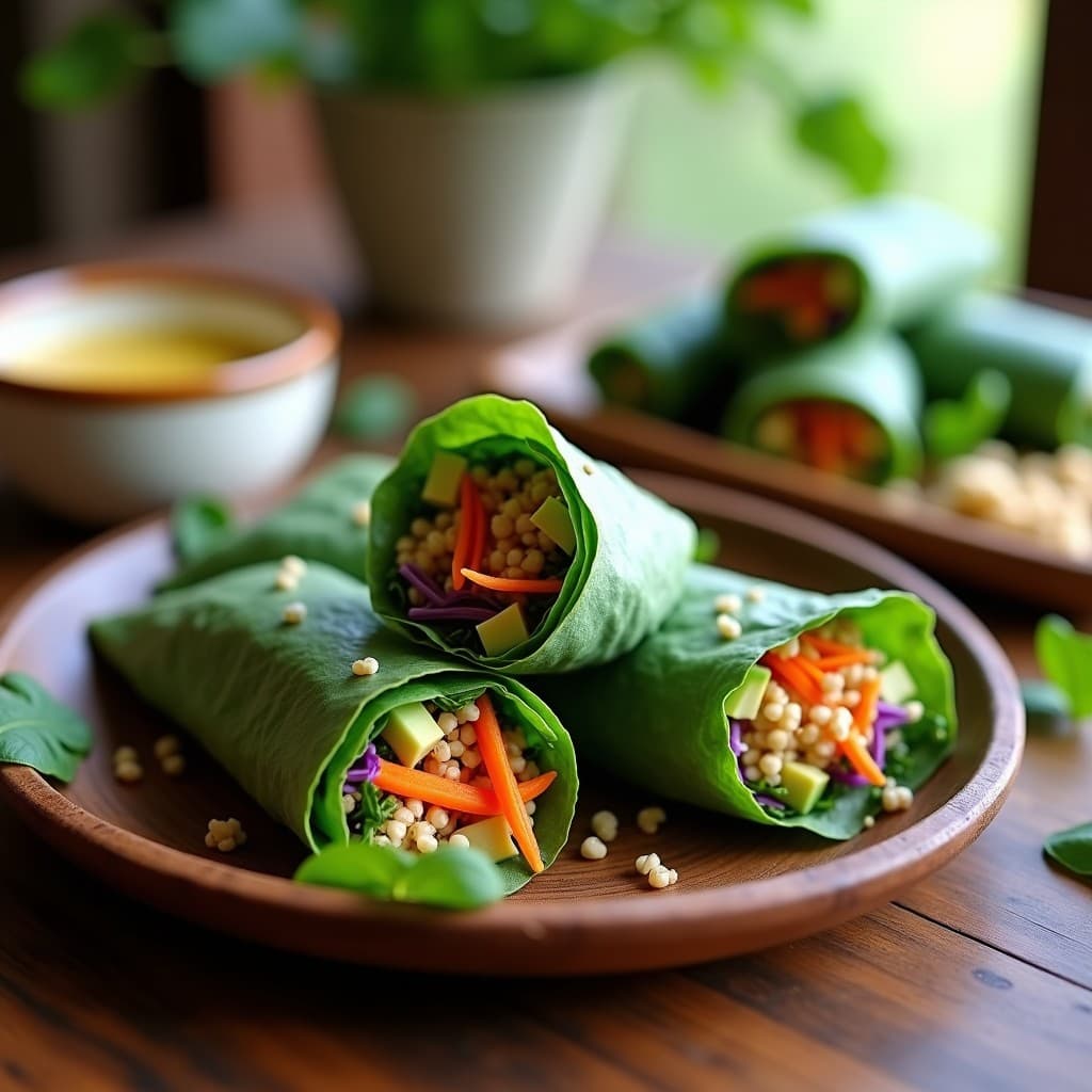 Rollitos de col rizada verde oscura rellenos de quinoa germinada, aguacate y zanahoria morada, cortados por la mitad y servidos en una bandeja de madera con salsa de tahini cremosa y semillas de sésamo espolvoreadas. Receta vegana sin cocción, fresca y colorida.