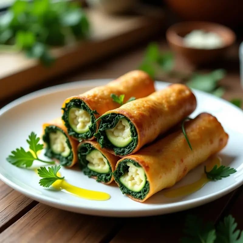 Rollitos de col rizada dorados y crujientes rellenos de zucchini y queso de cabra, servidos en un plato blanco con hierbas frescas y un toque de aceite de oliva, receta mediterránea en airfryer.